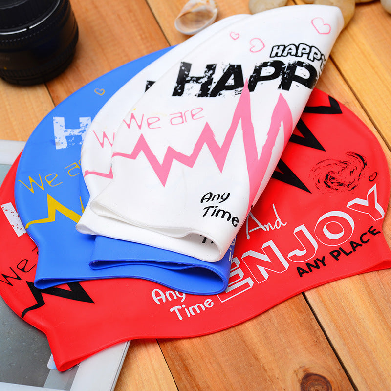 Adult silicone swimming cap waterproof unisex swimming fashion graffiti ear protection swimming cap in stock wholesale sporting goods