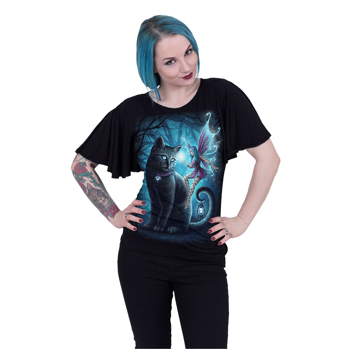 CAT AND FAIRY - Boat Neck Bat Sleeve Top Black