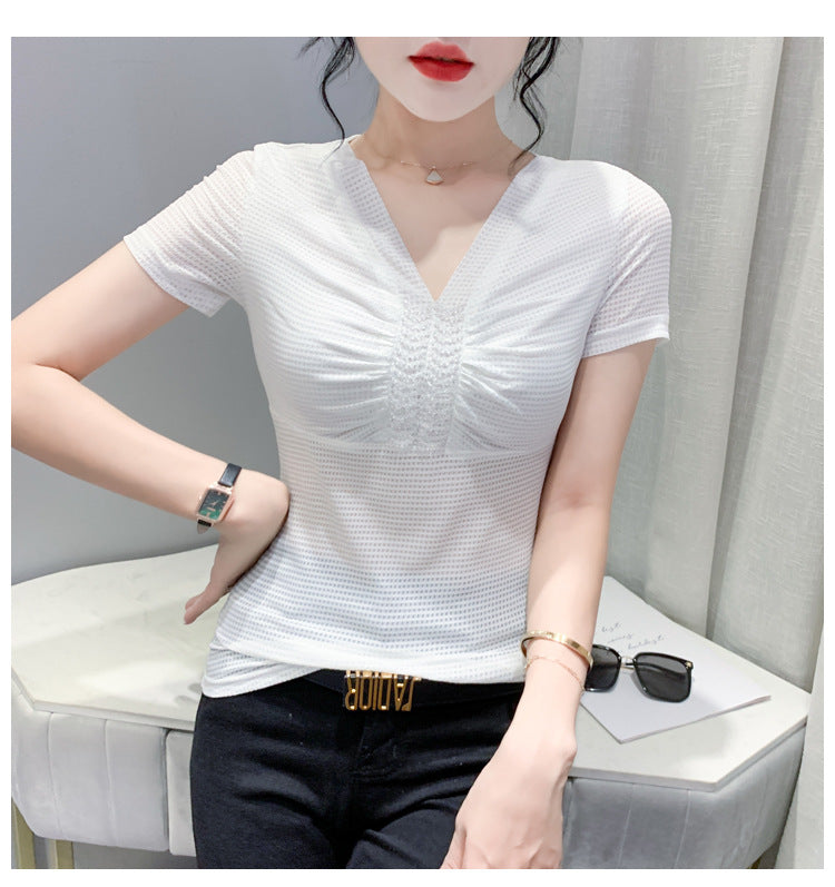 European 2024 Summer New Design Niche V-neck Bead Short-sleeved T-shirt Women's Slim-fit All-match Ins Top