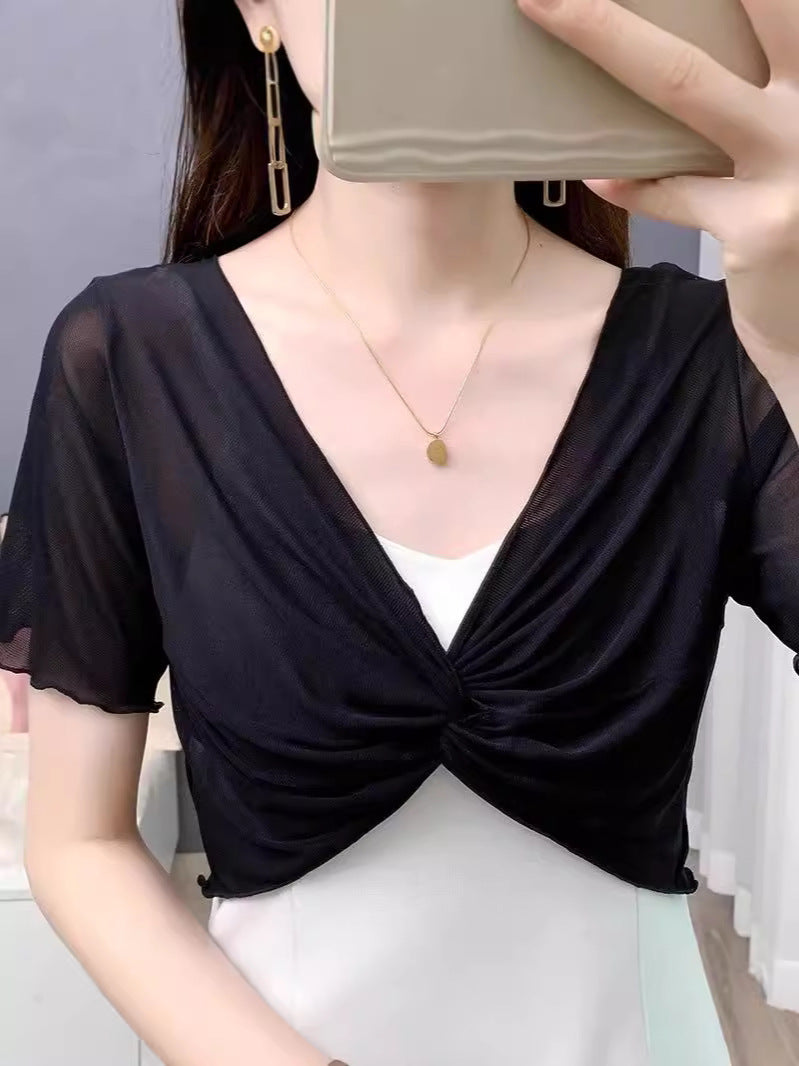 Summer Lace Mesh Small Shawl Sun Protection Clothing Women's Sling Skirt Short-sleeved Jacket Thin Ice Silk Small Waistcoat Cardigan