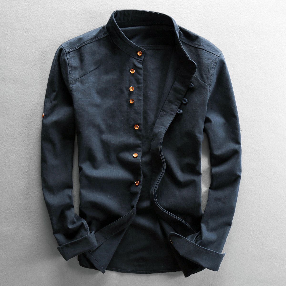 2025 cross-border European and American men's autumn and winter new linen cotton men's shirt stand collar buried clip casual shirt