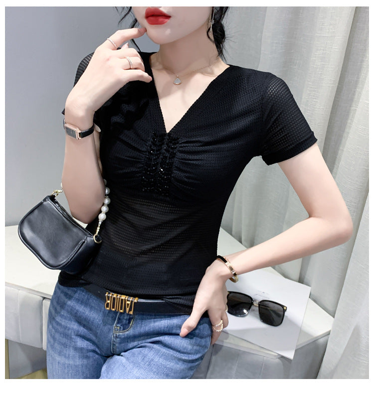 European 2024 Summer New Design Niche V-neck Bead Short-sleeved T-shirt Women's Slim-fit All-match Ins Top