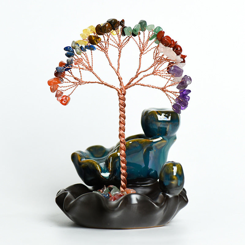 Wholesale Colorful Crystal Tree Incense Burner Ornaments Crafts Amethyst Creative Tree Ornaments Lotus Pedestal Office Crafts