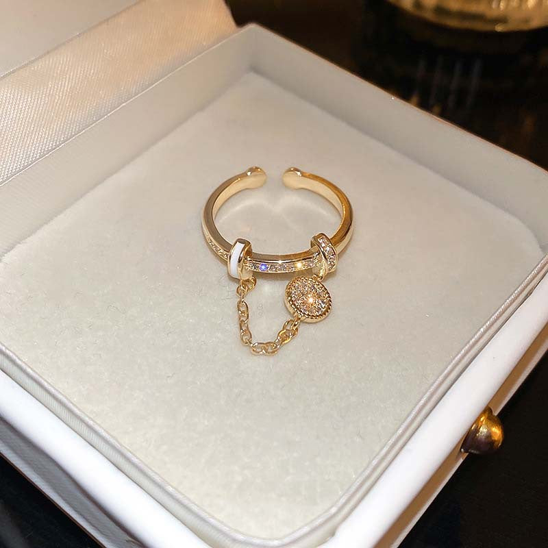 Zircon Diamond Round Chain Tassel Real Gold-plated Ring Niche Light Luxury High-end All-match Open Finger Ring
