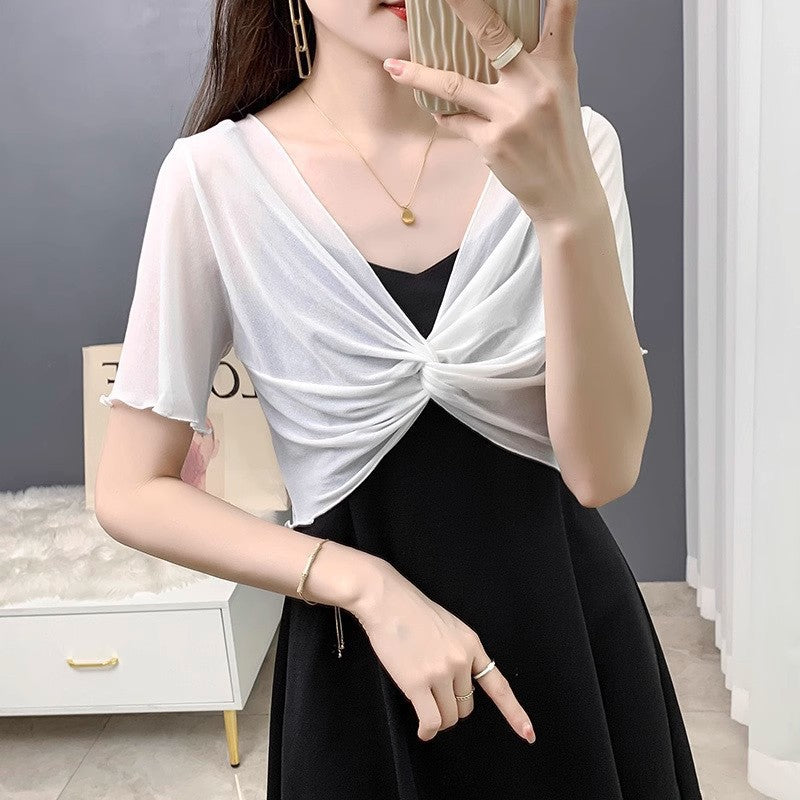 Summer Lace Mesh Small Shawl Sun Protection Clothing Women's Sling Skirt Short-sleeved Jacket Thin Ice Silk Small Waistcoat Cardigan