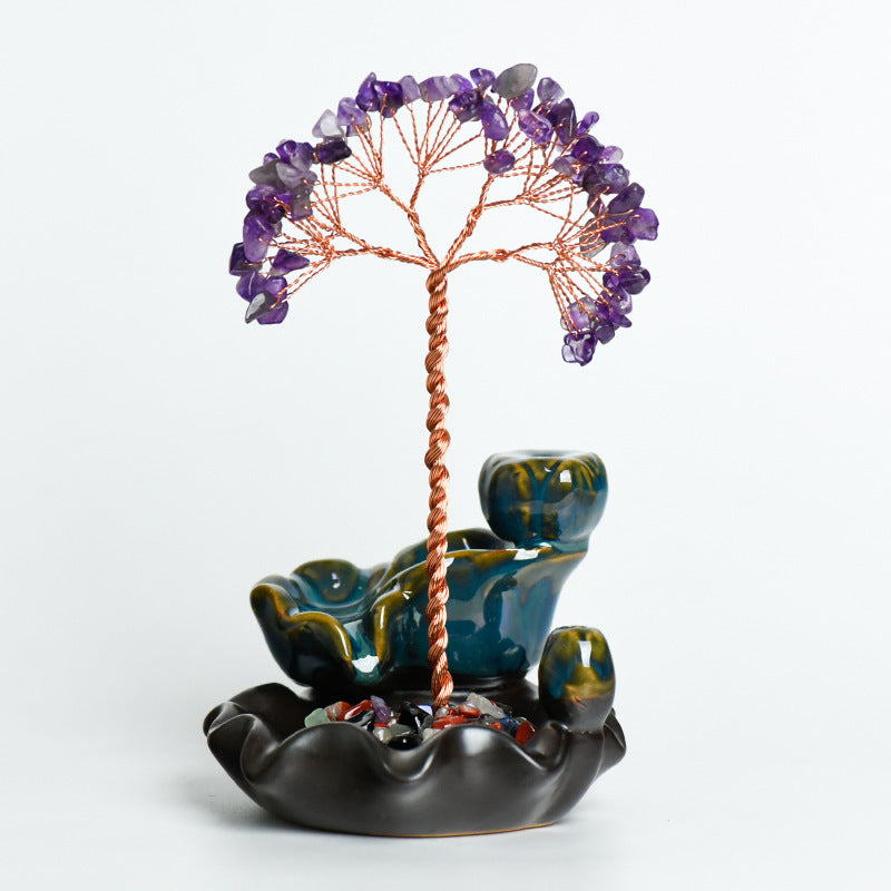 Wholesale Colorful Crystal Tree Incense Burner Ornaments Crafts Amethyst Creative Tree Ornaments Lotus Pedestal Office Crafts