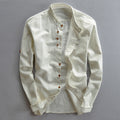 2025 cross-border European and American men's autumn and winter new linen cotton men's shirt stand collar buried clip casual shirt