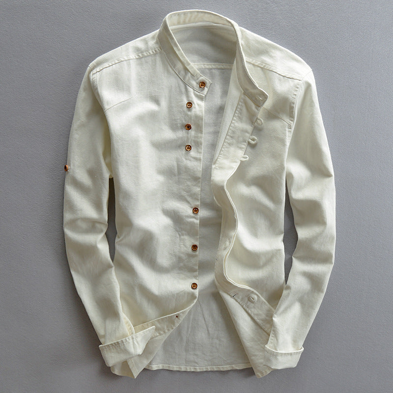 2025 cross-border European and American men's autumn and winter new linen cotton men's shirt stand collar buried clip casual shirt