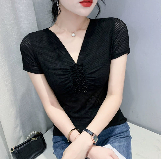 European 2024 Summer New Design Niche V-neck Bead Short-sleeved T-shirt Women's Slim-fit All-match Ins Top