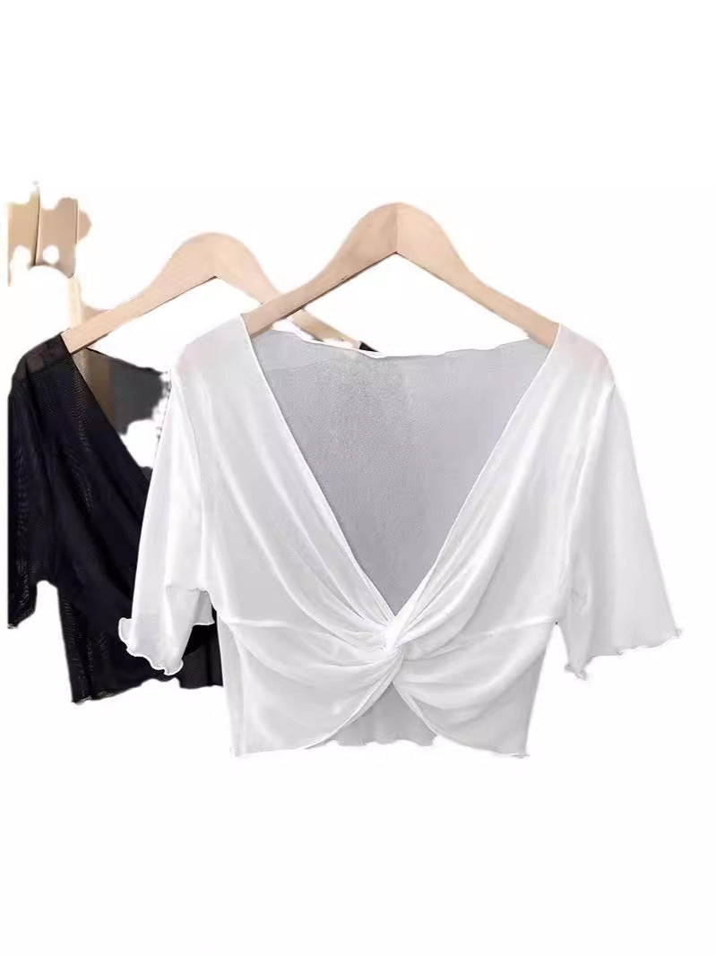 Summer Lace Mesh Small Shawl Sun Protection Clothing Women's Sling Skirt Short-sleeved Jacket Thin Ice Silk Small Waistcoat Cardigan