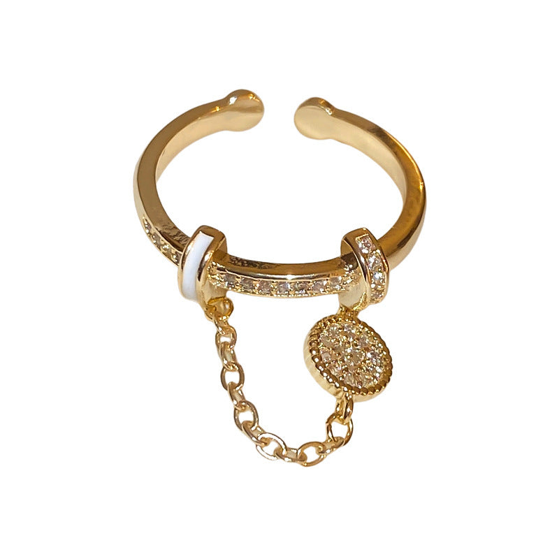 Zircon Diamond Round Chain Tassel Real Gold-plated Ring Niche Light Luxury High-end All-match Open Finger Ring