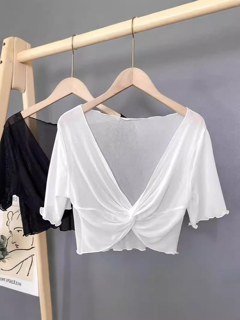 Summer Lace Mesh Small Shawl Sun Protection Clothing Women's Sling Skirt Short-sleeved Jacket Thin Ice Silk Small Waistcoat Cardigan