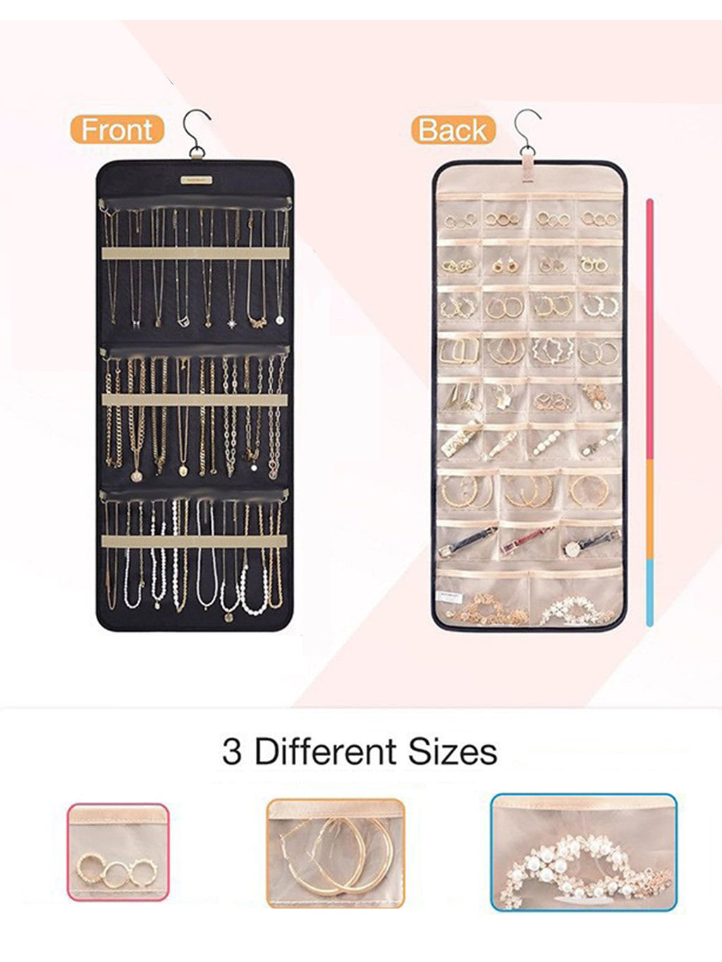 Hanging Jewelry Storage Bag Double-Sided Foldableable with Metal Hook Pvc Anti-Oxidation Suitable for Earrings, Necklaces and Rings
