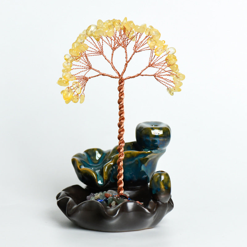 Wholesale Colorful Crystal Tree Incense Burner Ornaments Crafts Amethyst Creative Tree Ornaments Lotus Pedestal Office Crafts
