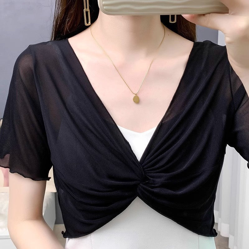 Summer Lace Mesh Small Shawl Sun Protection Clothing Women's Sling Skirt Short-sleeved Jacket Thin Ice Silk Small Waistcoat Cardigan
