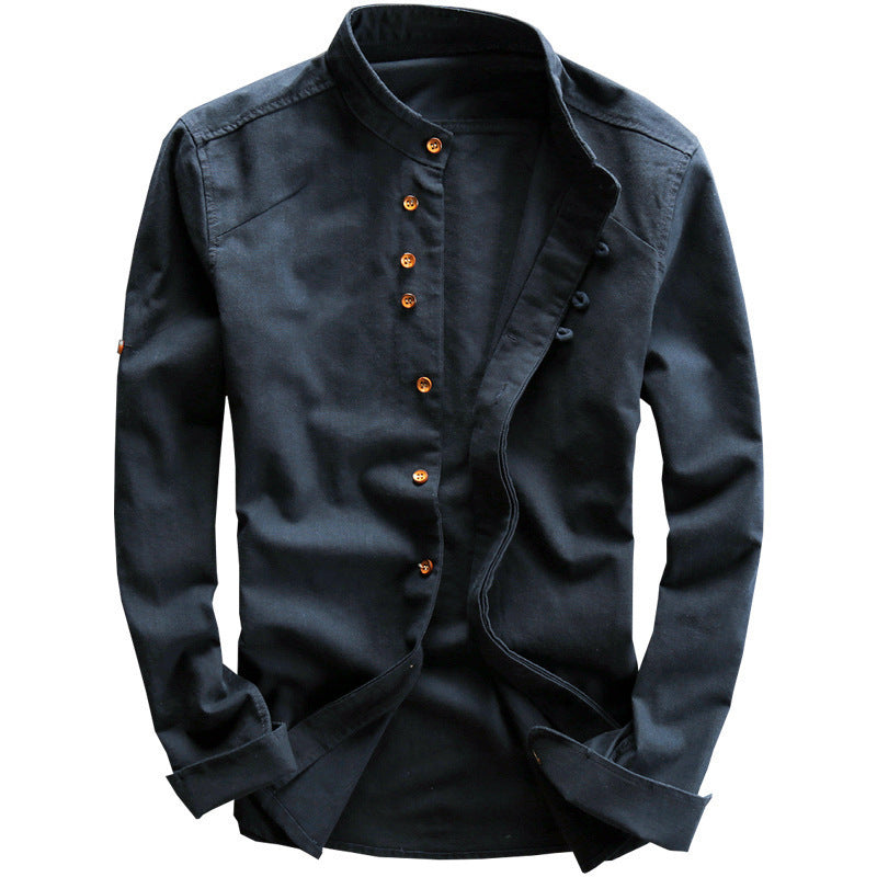 2025 cross-border European and American men's autumn and winter new linen cotton men's shirt stand collar buried clip casual shirt
