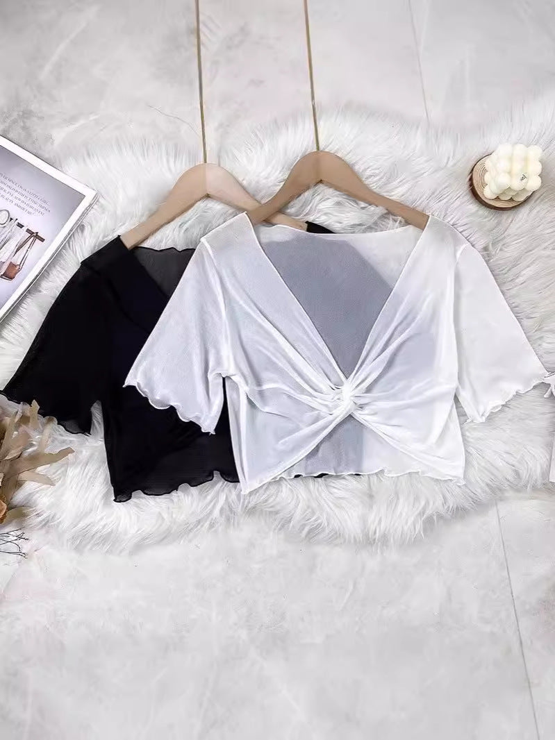 Summer Lace Mesh Small Shawl Sun Protection Clothing Women's Sling Skirt Short-sleeved Jacket Thin Ice Silk Small Waistcoat Cardigan