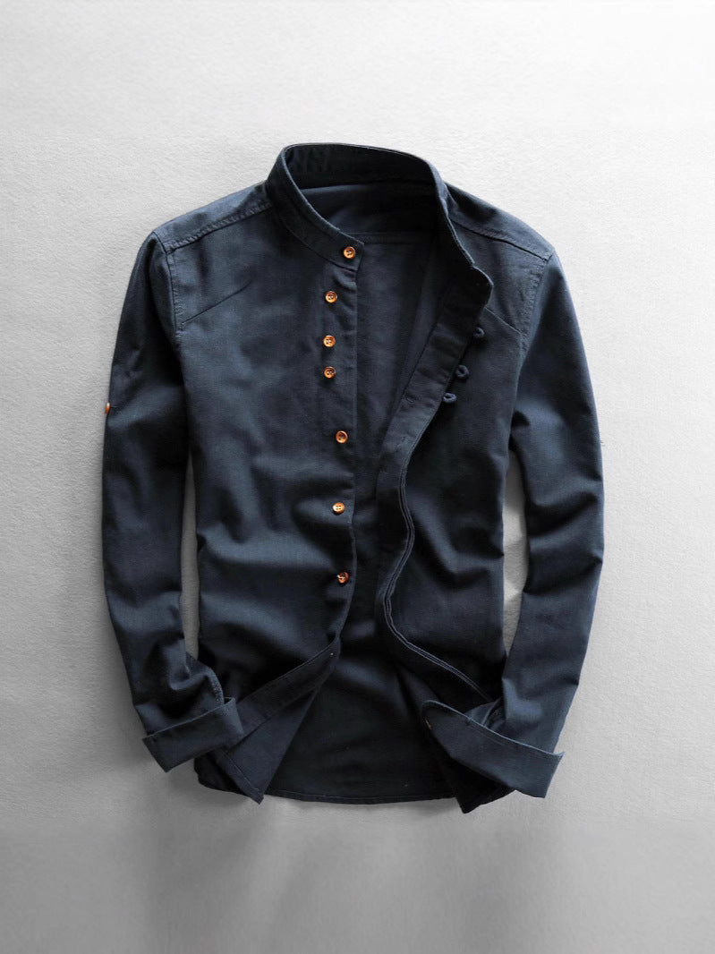 2025 cross-border European and American men's autumn and winter new linen cotton men's shirt stand collar buried clip casual shirt