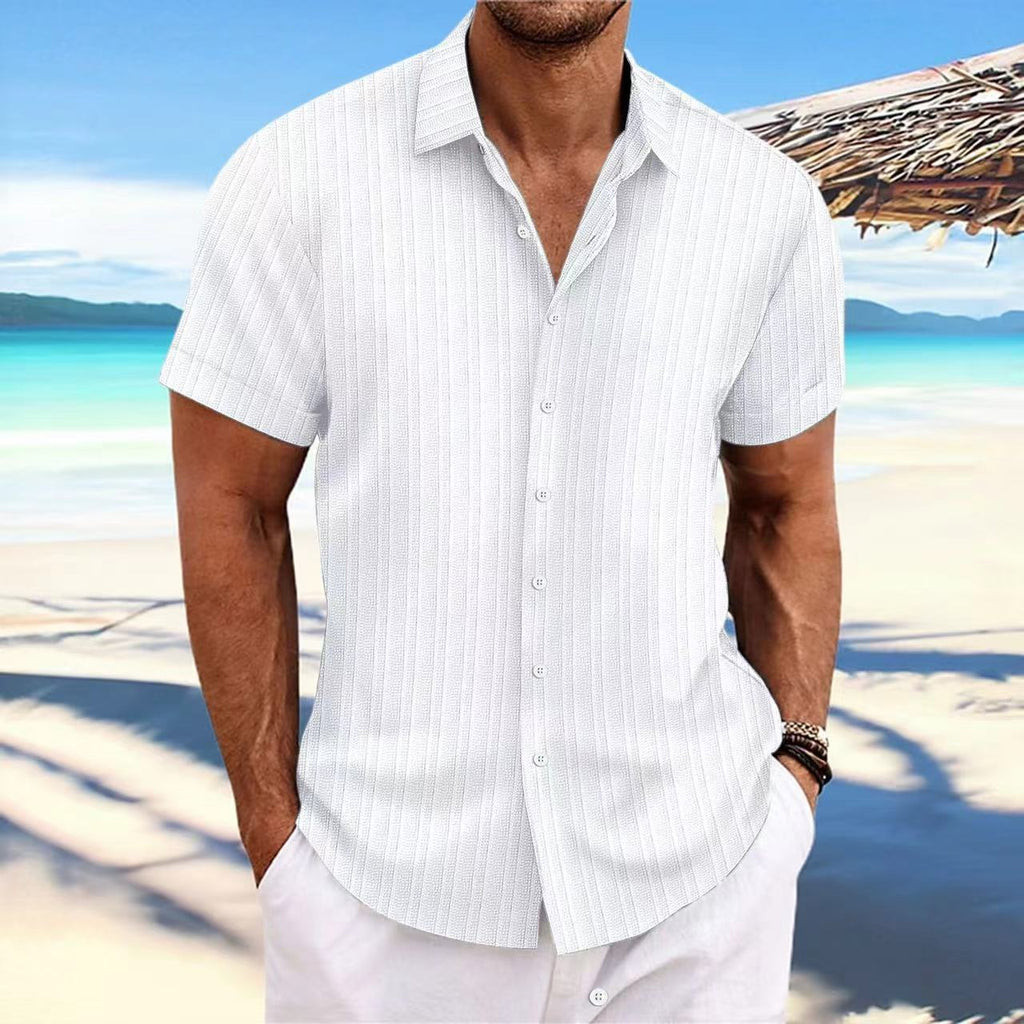 Cross-border Explosions Amazon AliExpress New Men's Cotton and Linen Striped Jacquard Casual Loose Short-sleeved Shirt