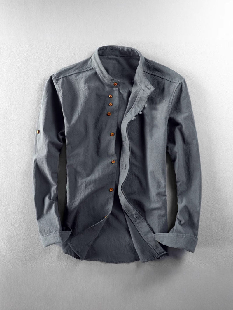 2025 cross-border European and American men's autumn and winter new linen cotton men's shirt stand collar buried clip casual shirt