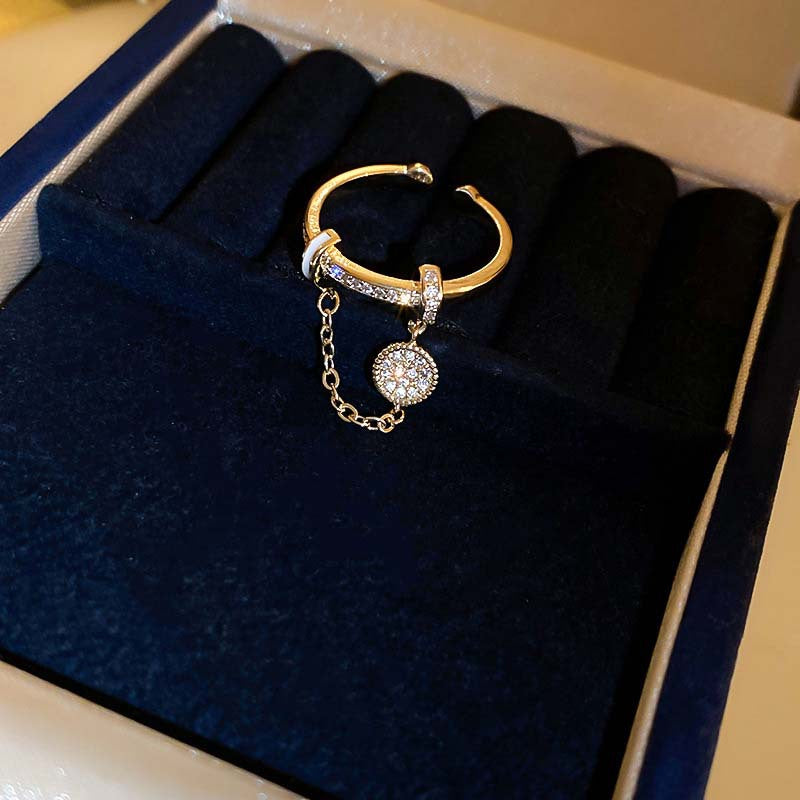 Zircon Diamond Round Chain Tassel Real Gold-plated Ring Niche Light Luxury High-end All-match Open Finger Ring