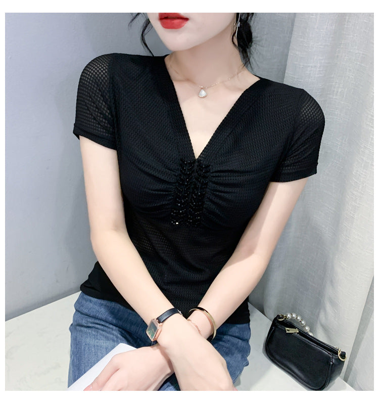 European 2024 Summer New Design Niche V-neck Bead Short-sleeved T-shirt Women's Slim-fit All-match Ins Top