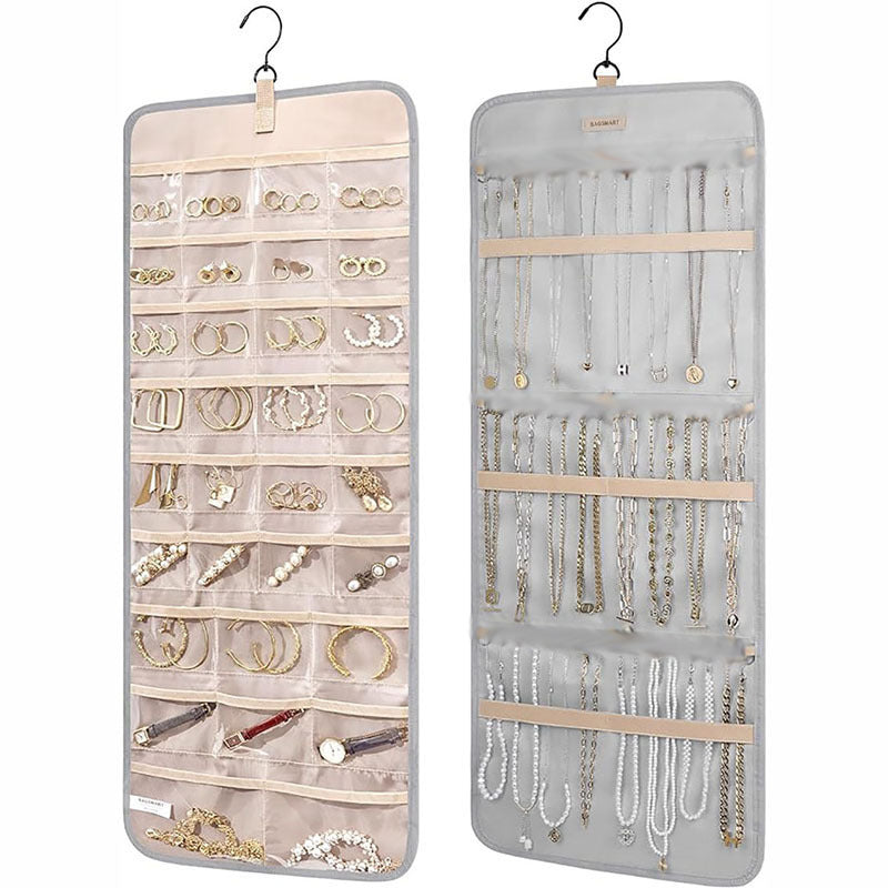 Hanging Jewelry Storage Bag Double-Sided Foldableable with Metal Hook Pvc Anti-Oxidation Suitable for Earrings, Necklaces and Rings