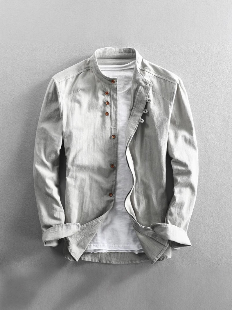 2025 cross-border European and American men's autumn and winter new linen cotton men's shirt stand collar buried clip casual shirt
