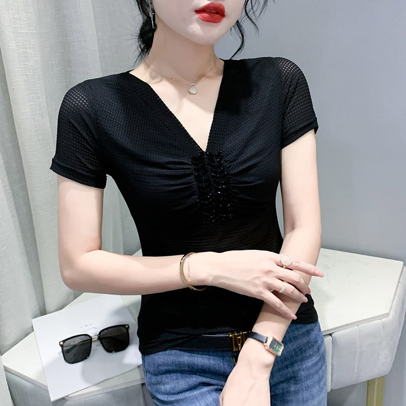 European 2024 Summer New Design Niche V-neck Bead Short-sleeved T-shirt Women's Slim-fit All-match Ins Top