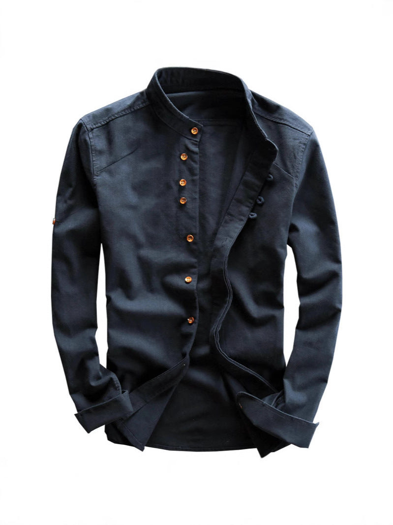 2025 cross-border European and American men's autumn and winter new linen cotton men's shirt stand collar buried clip casual shirt
