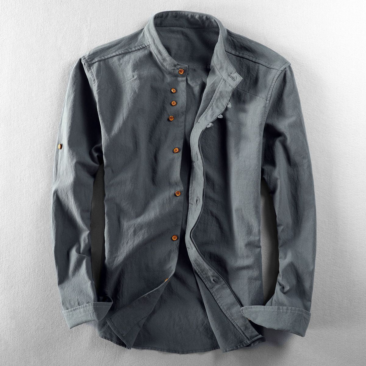 2025 cross-border European and American men's autumn and winter new linen cotton men's shirt stand collar buried clip casual shirt
