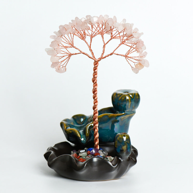 Wholesale Colorful Crystal Tree Incense Burner Ornaments Crafts Amethyst Creative Tree Ornaments Lotus Pedestal Office Crafts