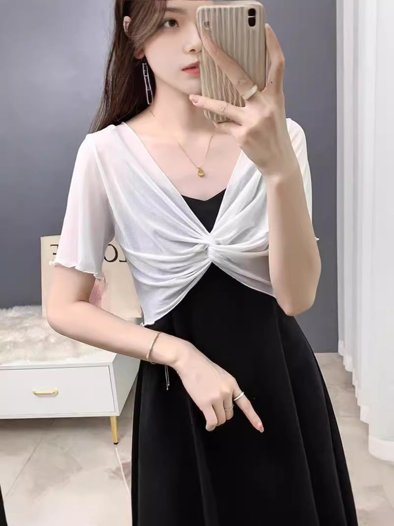 Summer Lace Mesh Small Shawl Sun Protection Clothing Women's Sling Skirt Short-sleeved Jacket Thin Ice Silk Small Waistcoat Cardigan