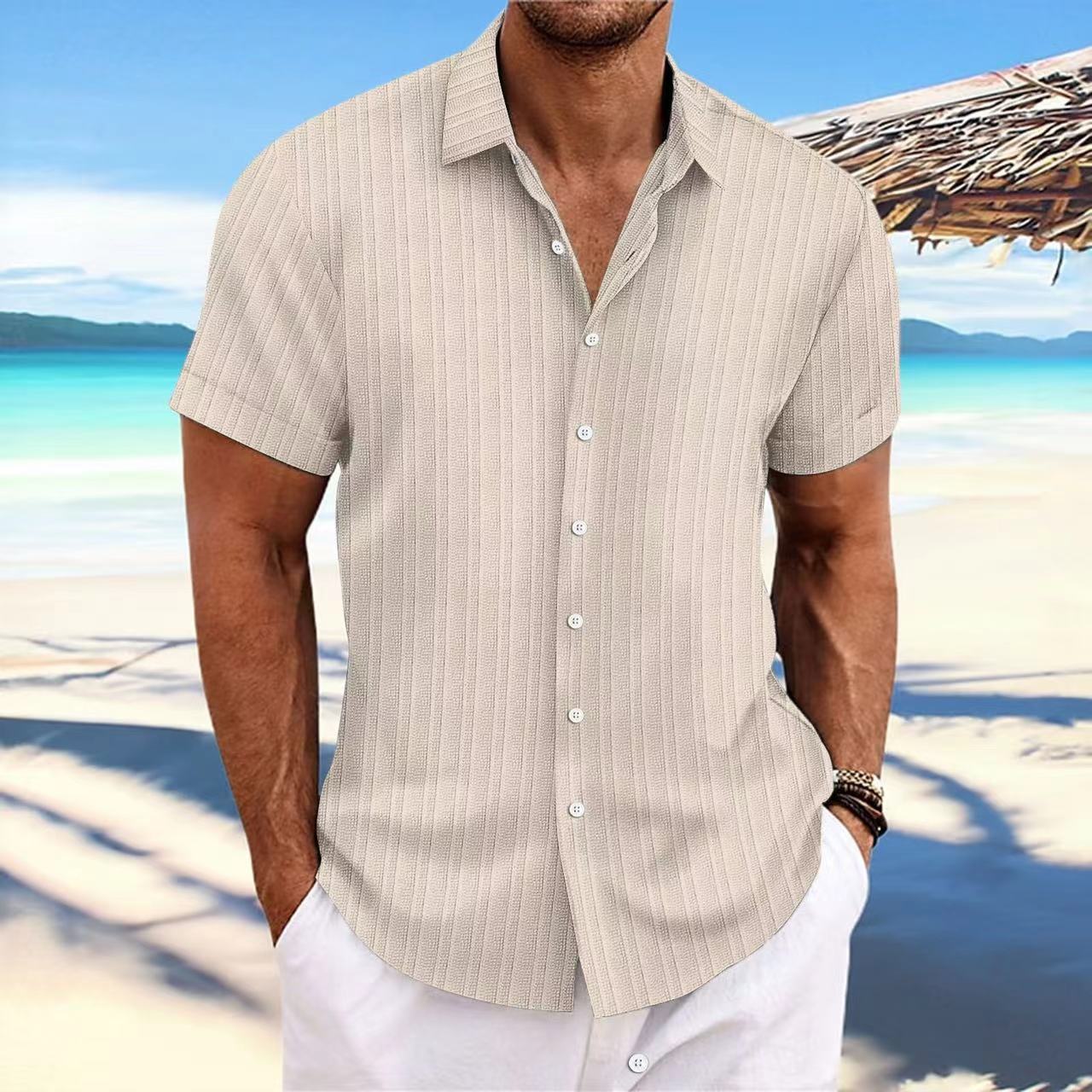 Cross-border Explosions Amazon AliExpress New Men's Cotton and Linen Striped Jacquard Casual Loose Short-sleeved Shirt