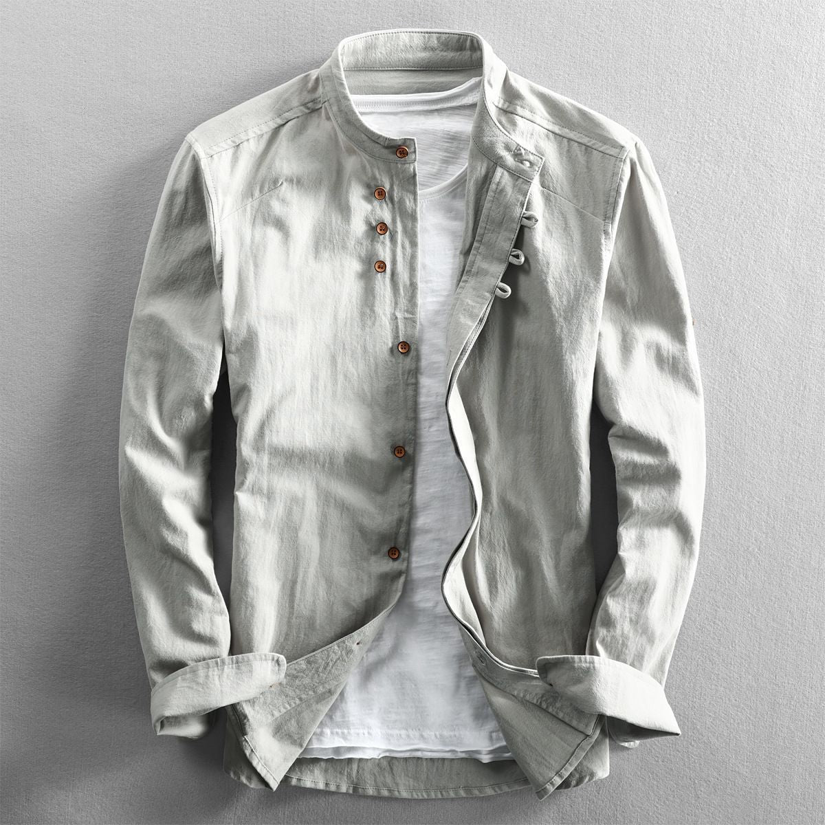 2025 cross-border European and American men's autumn and winter new linen cotton men's shirt stand collar buried clip casual shirt