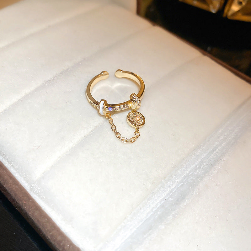 Zircon Diamond Round Chain Tassel Real Gold-plated Ring Niche Light Luxury High-end All-match Open Finger Ring