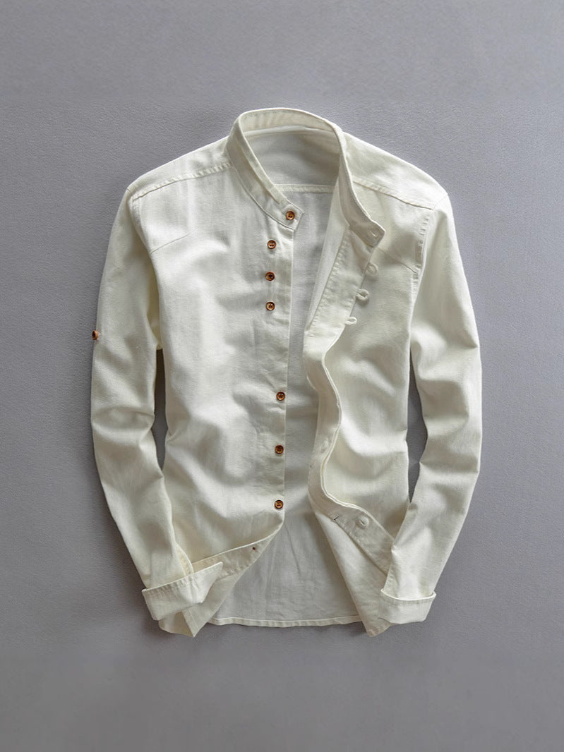 2025 cross-border European and American men's autumn and winter new linen cotton men's shirt stand collar buried clip casual shirt